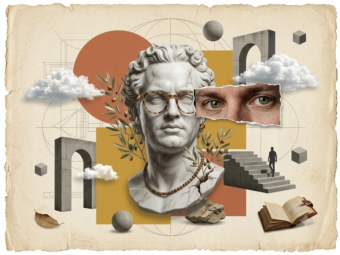 Collage of philosophy, geometric forms and paper