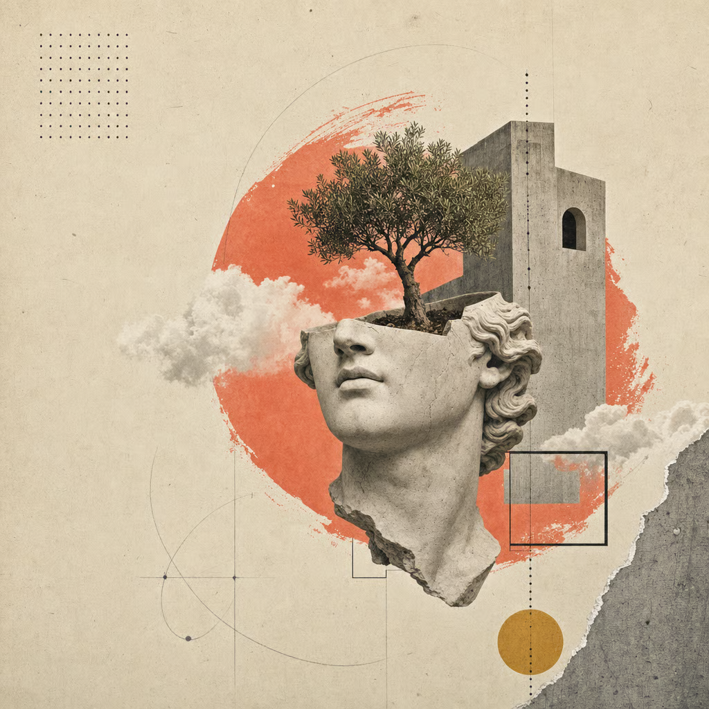 Classical sculpture with an olive tree