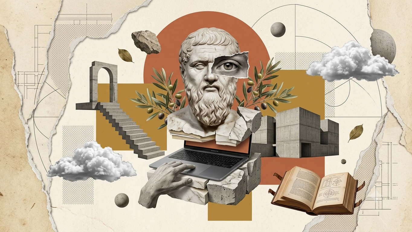 Plato in a collage with a book, computer and olive tree
