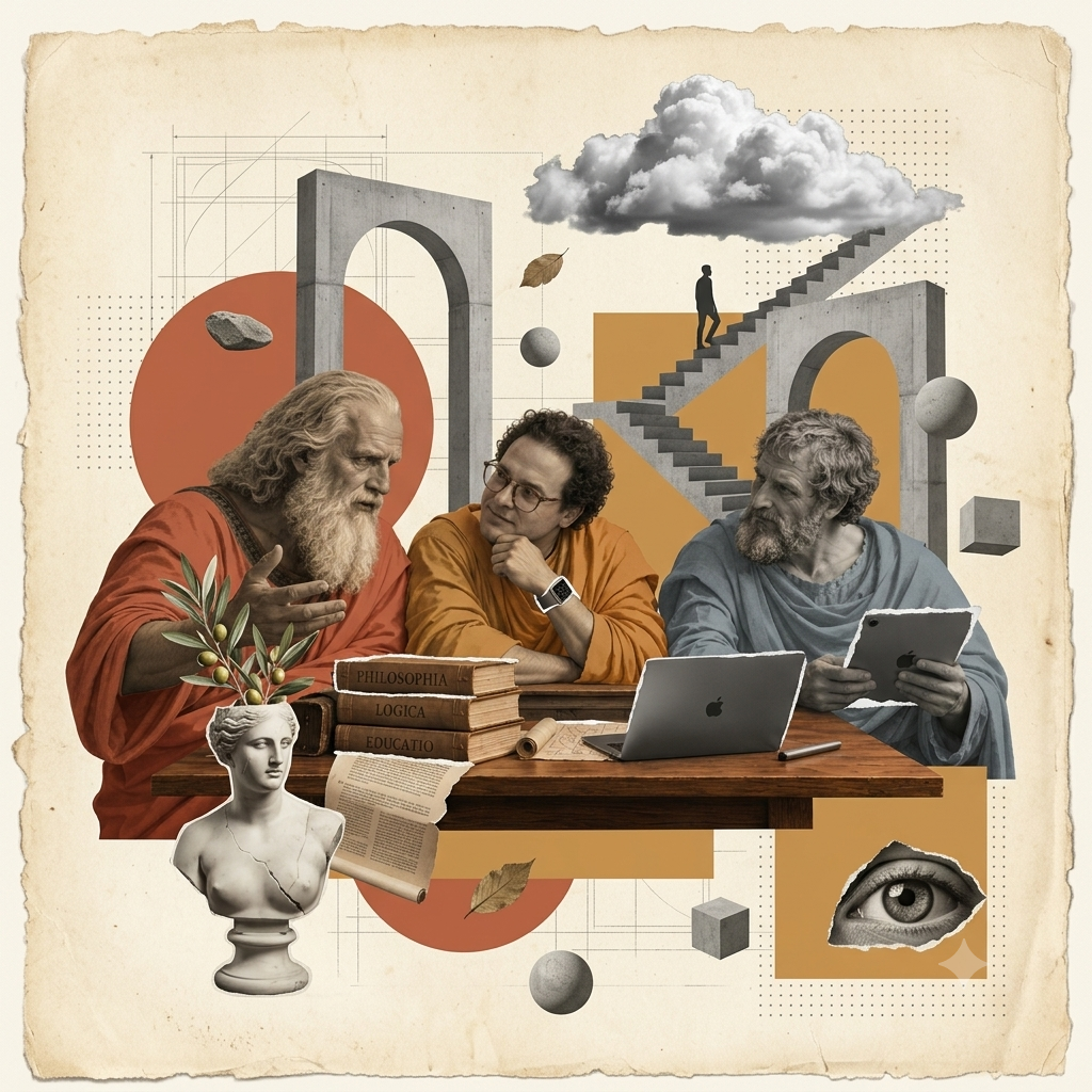 Collage of philosophy, geometric forms and paper